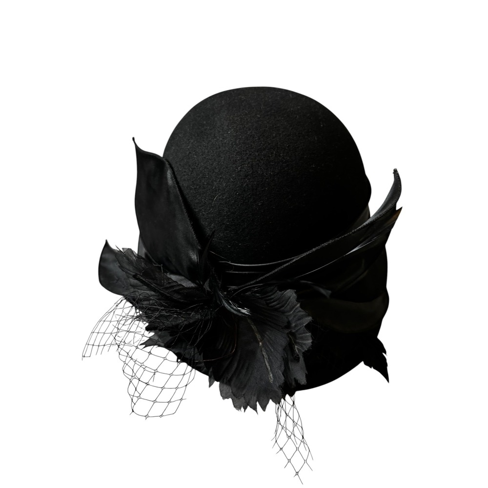 Something Special Black Wool Felt Cloche Hat Feather Veil Vintage Style Women